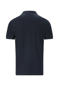 Marinblå polo skjorta med mjuk textur, korta ärmar och klassisk krage. Ren, enkel design utan mönster eller dekorationer.