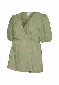 Top premaman verde pallido con design avvolgente, maniche a palloncino corte, tessuto testurizzato e vita elastica per il massimo comfort.