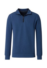 Marineblauer Pullover mit hohem Kragen und kurzem Reißverschluss, aus einem strukturierten Stoff und mit gerippten Bündchen und Saum. Einfaches Design, ohne Muster.