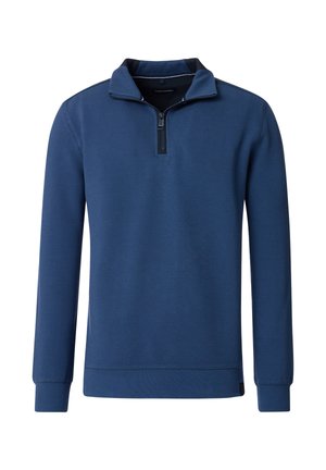 Marineblauer Pullover mit hohem Kragen und kurzem Reißverschluss, aus einem strukturierten Stoff und mit gerippten Bündchen und Saum. Einfaches Design, ohne Muster.