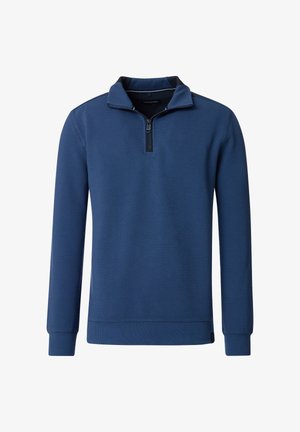 Granatowy sweter z wysokim kołnierzem i krótkim zamkiem, z teksturowanej tkaniny oraz ściągaczami przy mankietach i u dołu. Prosty design, bez wzorów.