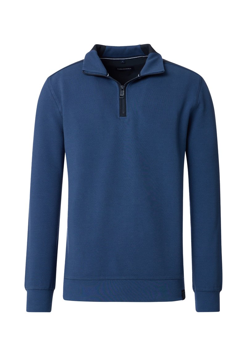 Marineblauer Pullover mit hohem Kragen und kurzem Reißverschluss, aus einem strukturierten Stoff und mit gerippten Bündchen und Saum. Einfaches Design, ohne Muster.