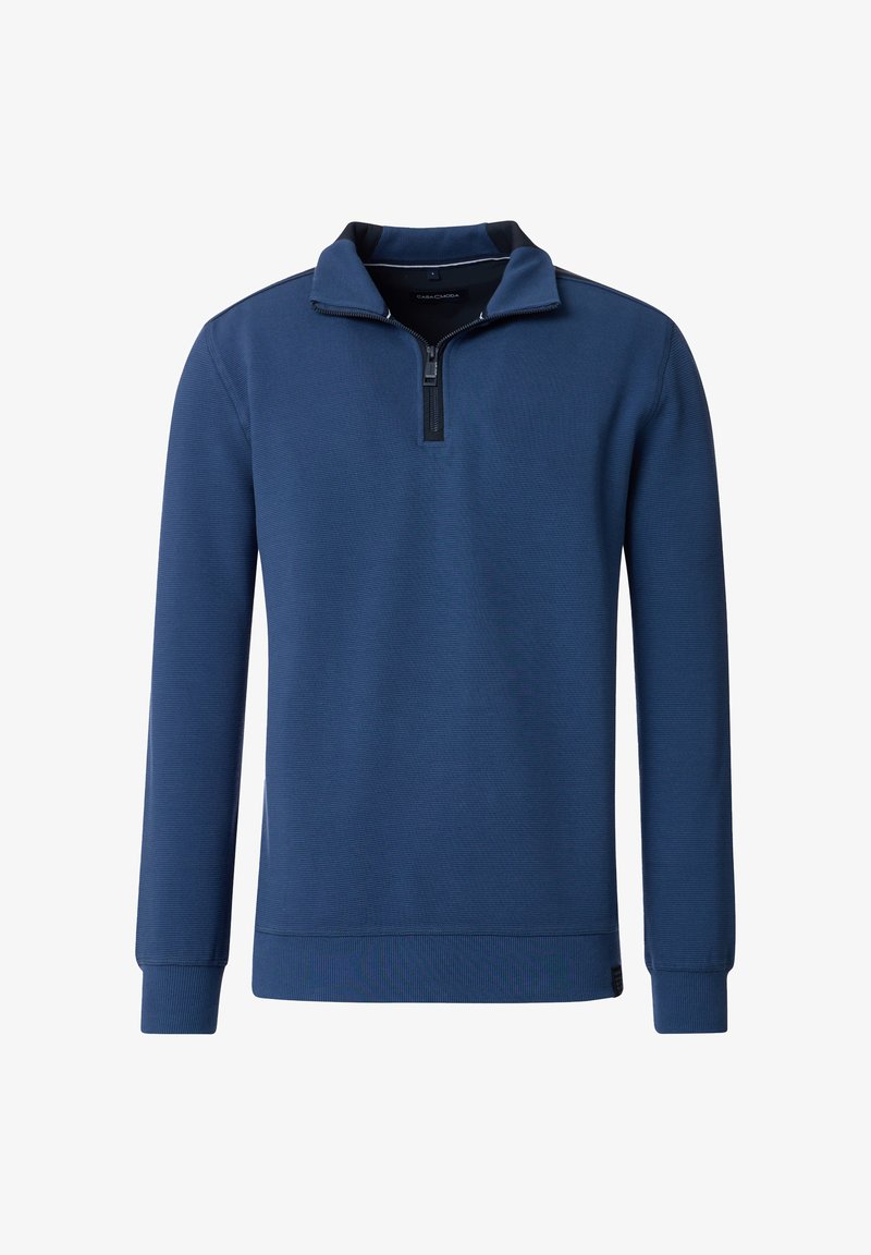Marineblauer Pullover mit hohem Kragen und kurzem Reißverschluss, aus einem strukturierten Stoff und mit gerippten Bündchen und Saum. Einfaches Design, ohne Muster.