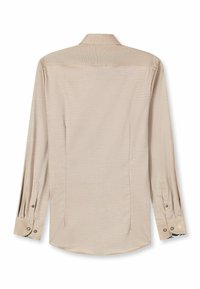 Hellbeiges langärmliges Hemd mit subtiler Textur, Kragen und Knopfmanschetten. Verfügt über zwei Rückenfalten und gebrandete Akzente an den Innenmanschetten.