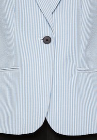 Světle modrý a bílý pruhovaný blazer s jedním černým knoflíkem, klopovými límci a dvěma bočními kapsami. Hladký bavlněný materiál.