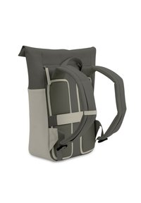 Harmaa reppu, jossa on kääntöhuppu design, teksturoitu kangas, pehmustettu selkäosa ja säädettävät hihnat. Ominaisuuksina erottuvat vaaleanharmaat yksityiskohdat.
