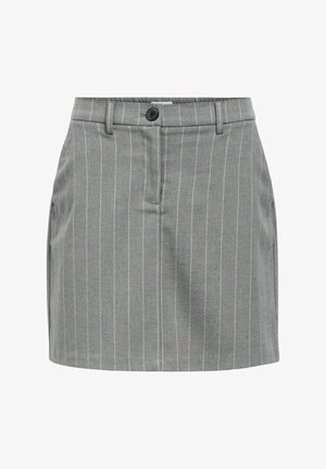 Gray pinstriped skirt featuring a straight design, belt loops, a single button closure, and side pockets, made from a textured fabric.