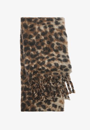 Szalik w panterkę wykonany z miękkiego, lekkiego materiału. Posiada odcienie brązu, czarne plamy i postrzępione krawędzie dla lepszego wykończenia.