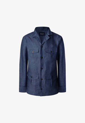 Donkerblauwe linnen overhemdjas met een kraag, knoopsluiting aan de voorkant, twee borstzakken en twee zijzakken, met een gestructureerde stof.