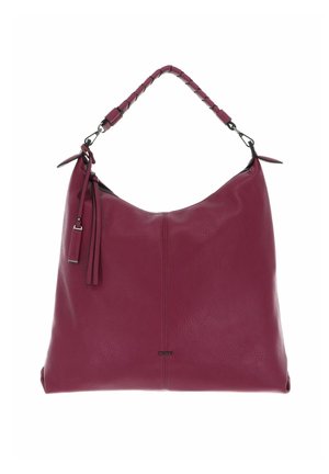 Sac à main en cuir violet avec une anse tressée, une texture douce, une fermeture éclair et des pompons décoratifs sur le côté.