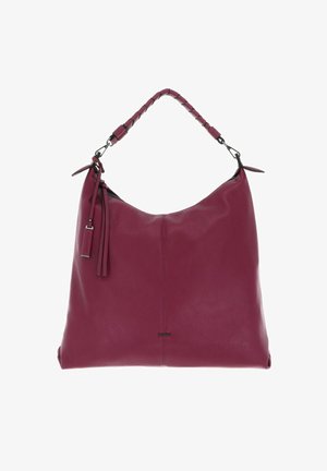 Sac à main en cuir violet avec une anse tressée, une texture douce, une fermeture éclair et des pompons décoratifs sur le côté.