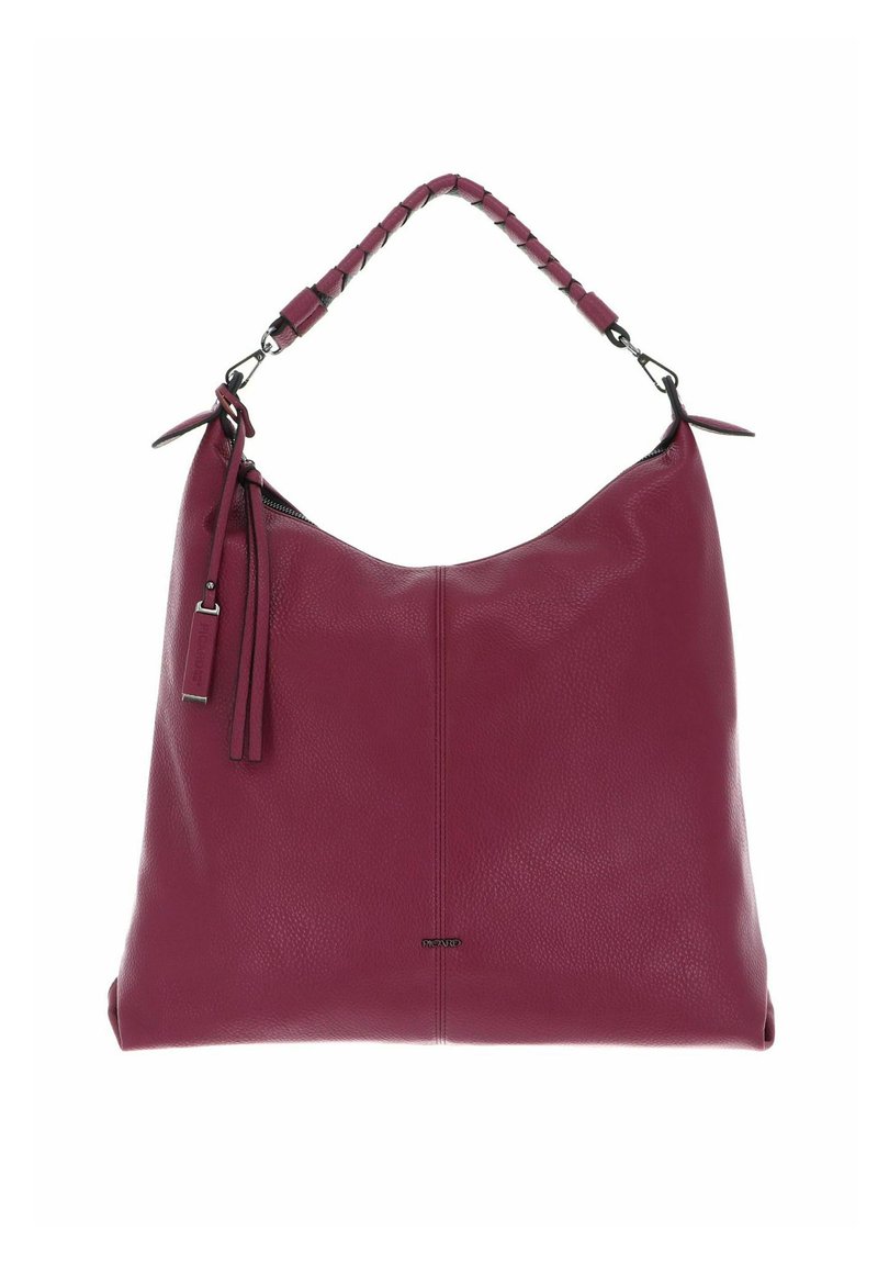 Sac à main en cuir violet avec une anse tressée, une texture douce, une fermeture éclair et des pompons décoratifs sur le côté.