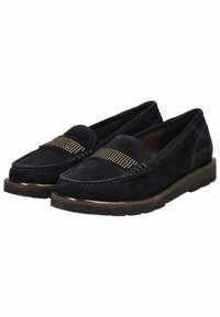 Mocasines de ante azul marino con una banda de acento texturizada y tachuelas doradas, puntera redondeada y suela baja de goma marrón.