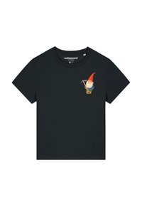 T-shirt en coton noir avec un graphique coloré d'un gnome portant un chapeau rouge, tenant une pioche, positionné sur le côté gauche de la poitrine.