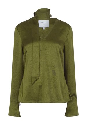Olijfgroene blouse met lange mouwen, gemaakt van een gestructureerde stof, heeft een V-hals met een gedrapeerd neklapje en knoopmanchetten. Merkenlabel: DANTE.