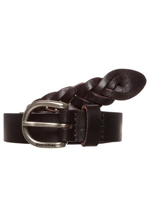 Ceinture en cuir marron foncé avec une section tressée et une boucle en métal argenté affichant la marque "Marc O'Polo".