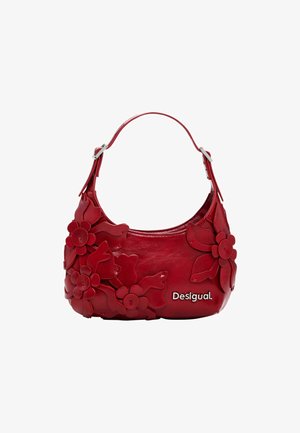 Borsa a tracolla in pelle rossa con decorazioni floreali in rilievo, manico corto e logo "Desigual" argentato sul davanti.