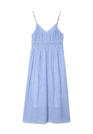 Blue and white striped dress with spaghetti straps, smocked bodice, and flared skirt. Lightweight fabric with a breathable texture.