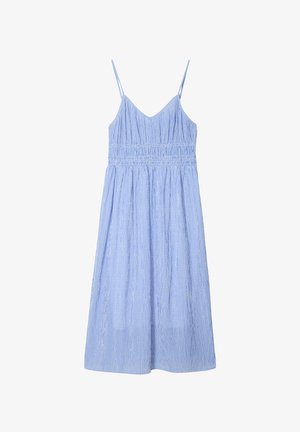 Vestido a rayas azul y blanco con tirantes finos, corsé decorado con fruncidos y falda acampanada. Tela ligera con una textura transpirable.