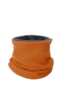 Knitted orange neck warmer with a ribbed texture, featuring a soft gray interior lining, designed for warmth and comfort.