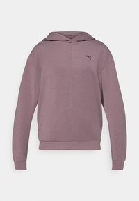 Fialový mikina s dlhými rukávmi, predným švom a malým logom Puma na ľavej hrudi, vystavená na bielom pozadí.