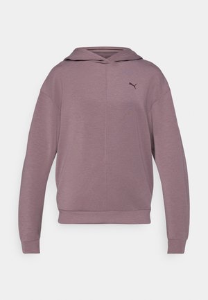 Felpa mauve con maniche lunghe, cucitura frontale e piccolo logo Puma sul lato sinistro del petto, presentata su uno sfondo bianco.
