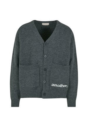 Gray knitted cardigan with a V-neck, five black buttons, two front pockets, and a white logo text "another" on the bottom right.