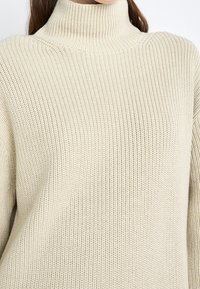 Pull en col roulé tricoté beige clair avec texture côtelée et coupe décontractée. Le tissu semble doux et polyvalent pour un usage quotidien.