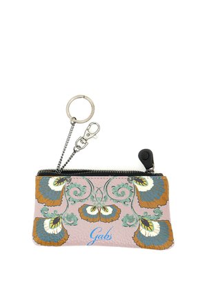 Piccola pochette rettangolare in pelle rosa con motivo floreale multicolore, cerniera nera e anello portachiavi metallico con moschettone attachati.