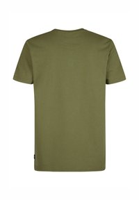 T-shirt in cotone verde oliva, a maniche corte con collo a giro, caratterizzato da un design semplice e dettagli di cucitura sottili.