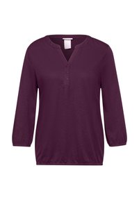 Long-sleeve, deep purple t-shirt with a V-neck and three-button placket. Soft fabric with a relaxed fit and elasticized cuffs.
