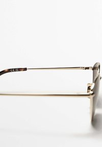 Gold metal sunglasses with rectangular lenses, brown metal arms, and a smooth finish. CE and UKCA markings visible on the temple.