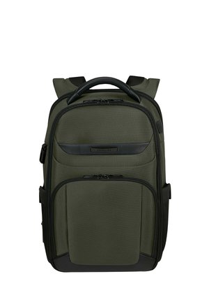 Zaino Samsonite verde oliva con più scomparti con cerniera, manico imbottito e spallacci regolabili.