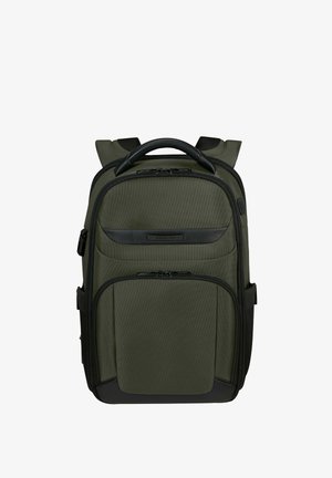 Zaino Samsonite verde oliva con più scomparti con cerniera, manico imbottito e spallacci regolabili.