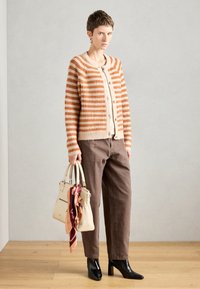 Cardigan a righe arancione e crema, top beige, pantaloni marroni, stivali neri con tacco e una borsa leggera con una sciarpa annodata.