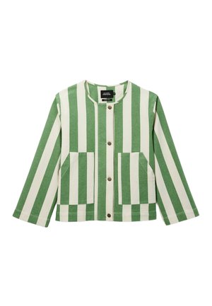 Veste à manches longues rayée verticalement vert et blanc avec encolure ronde, boutons-pression à l'avant et deux poches plaquées à l'avant.