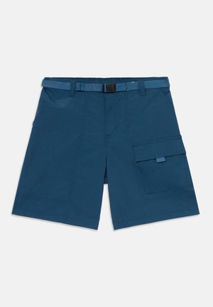 Shorts cargo blu di tessuto leggero. Presentano due tasche frontali, una tasca laterale e una cintura intrecciata con una fibbia nera.