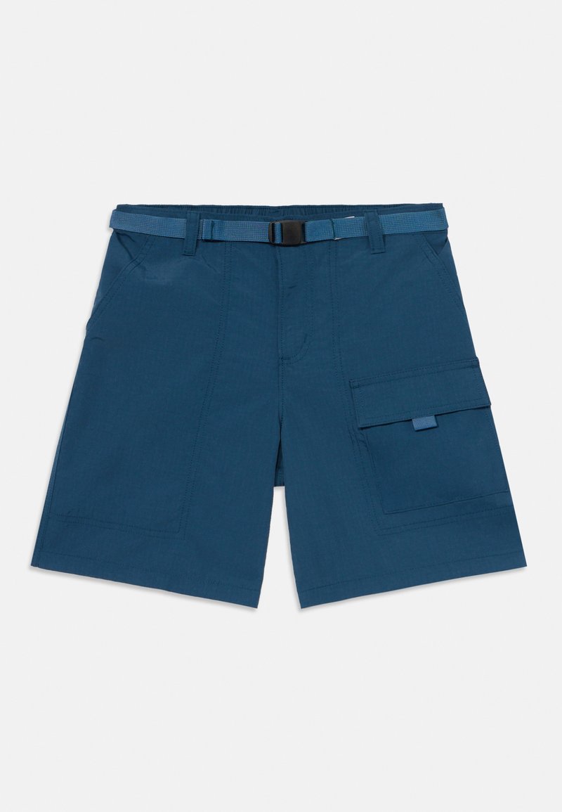 Shorts de carga azules hechos de tela ligera. Cuenta con dos bolsillos frontales, un bolsillo lateral y un cinturón trenzado con una hebilla negra.