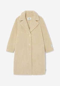 Beige, fluffy teddyfrakke med krave, seks frontknapper og to sidelommer. Mellemlang design med en blød tekstur.