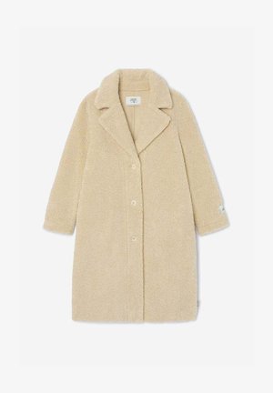 Manteau teddy beige et duveteux avec un col, six boutons sur le devant et deux poches latérales. Design mi-long avec une texture douce.