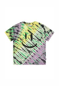 Värjätty T-paita vihreän, keltaisen ja purppuran sävyissä. Edessä on suuri musta hymyilevä naama -kuvio. Valmistettu puuvillakankaasta.