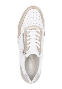 White sneaker with beige accents, perforated detailing, white laces, and side zipper. Brand name 'remonte' embossed on the insole.
