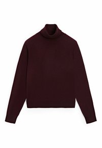 Dunkelburgunderfarbener, langärmeliger Rollkragenpullover mit geripptem Kragen und Saum, auf einem weißen Hintergrund flach ausgelegt.