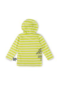 Gelb und grau gestreifter langärmeliger Hoodie mit Kängurutasche, mit grafischem Text und Elefantenakzent auf der linken Seite.