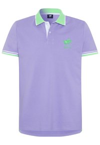 Helles lila Polohemd aus Baumwolle mit einem grünen Kragen. Verfügt über weiße und grüne gestreifte Akzente an den Ärmeln. Besticktes Logo auf der Brust.