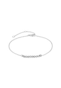 Bracciale d'argento con perle rotonde e texturizzate disposte in fila. Presenta una delicata catena e una chiusura per lunghezza regolabile.