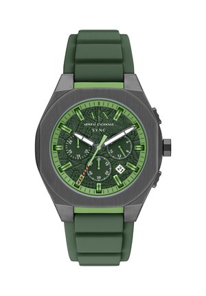 Reloj con correa de silicona verde, esfera verde texturizada, caja de acero inoxidable negro, función de cronógrafo y fecha situada a las 6 en punto.