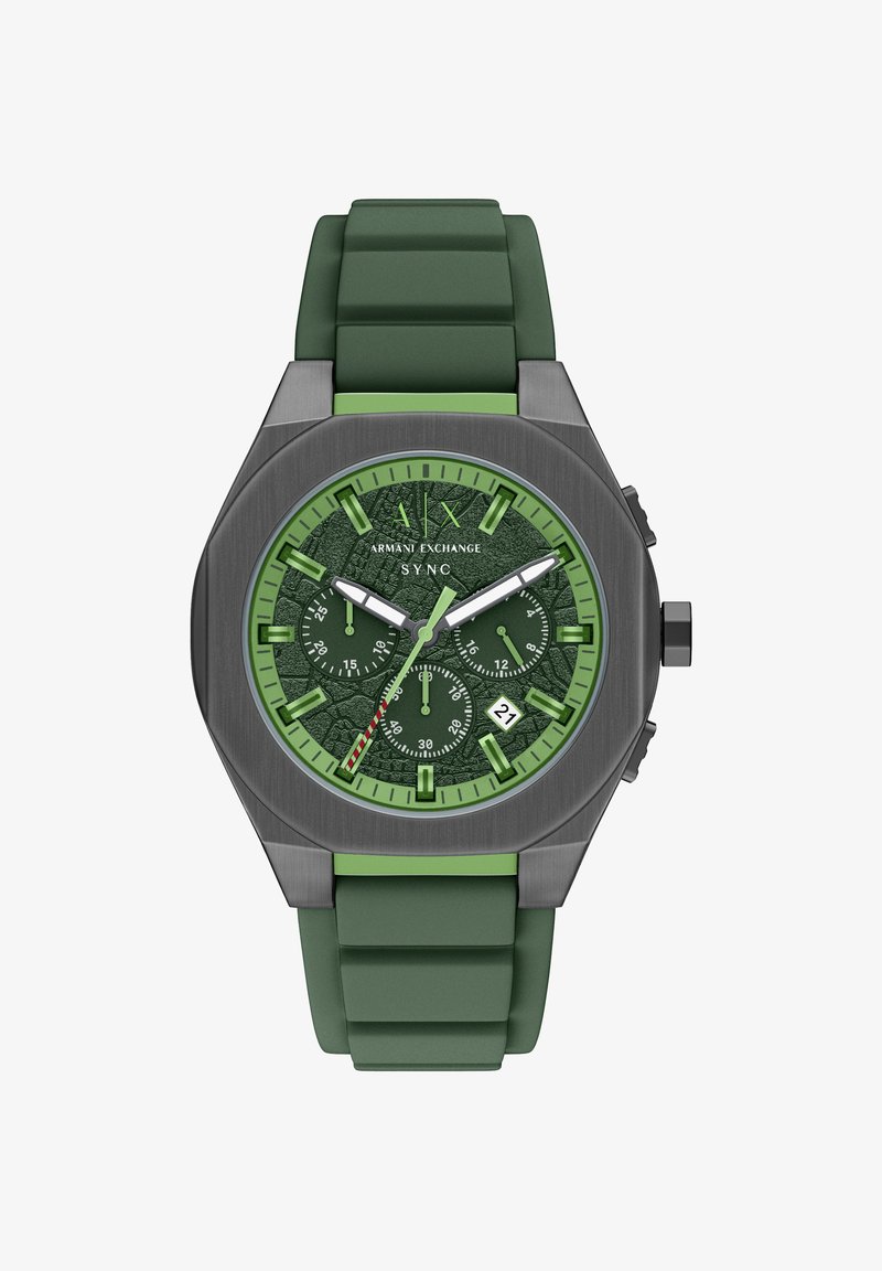 Montre à bracelet en silicone vert avec un cadran vert texturé, boîtier en acier inoxydable noir, fonction chronographe et affichage de la date à 6 heures.