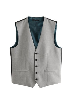 Svetlošedá formálna vesta s piatimi čiernymi gombíkmi, dvoma prednými vreckami a tmavotyrkysovou vzorovanou vnútornou podšívkou, zobrazená naplocho.