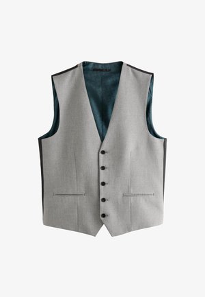 Light gray formal vest with five black buttons, two front pockets, and dark teal patterned inner lining, displayed flat.
